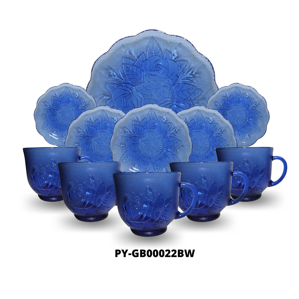 SET DE 6 TAZAS + 6 PLATOS DE VIDRIO AZUL