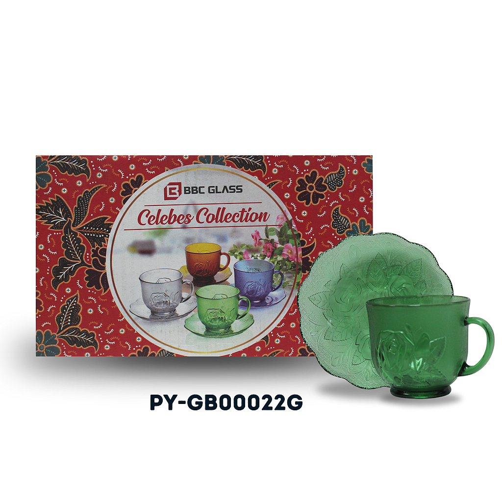 SET DE 6 TAZAS + 6 PLATOS DE VIDRIO VERDE