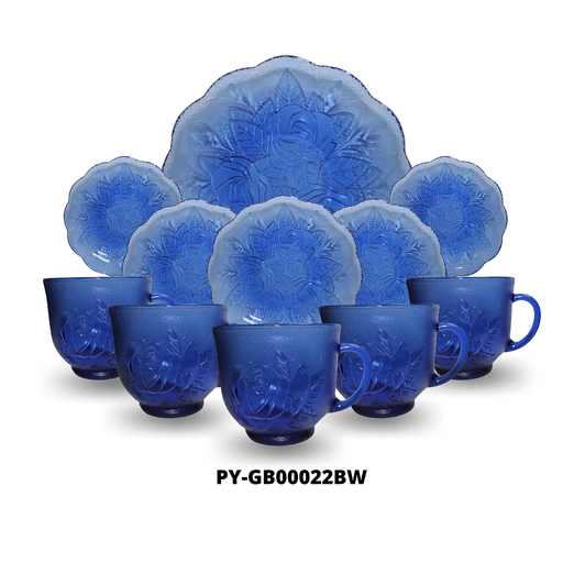 [PY-GB00022BW] SET DE 6 TAZAS + 6 PLATOS DE VIDRIO AZUL